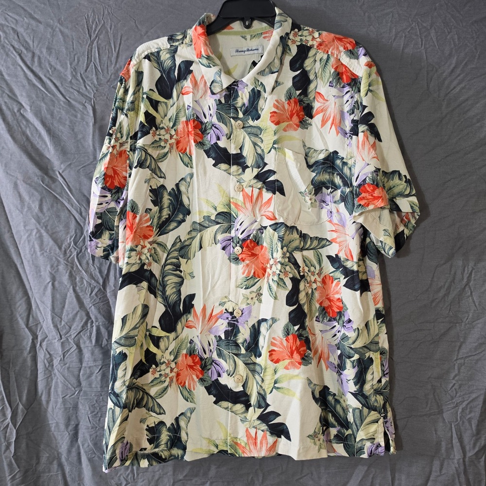 Tommy Bahama Mens XL Silk Tropical Floral Hibiscus Camp Shirt Cream Orange